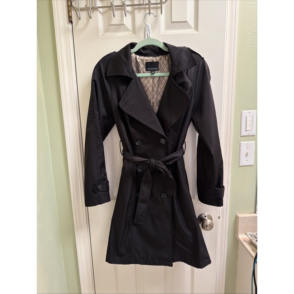 Cynthia Rowley Black Dress Coat Jacket Sz Sm Black Trench Pea Pleated Lightweigh